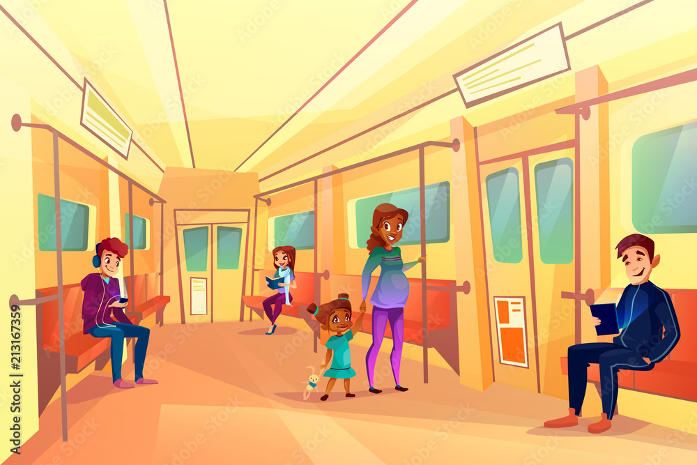Fototapeta premium People in subway metro vector illustration. Pregnant black Afro American woman with daughter, teen boys listening music or watching video on tablet and girl reading book in train