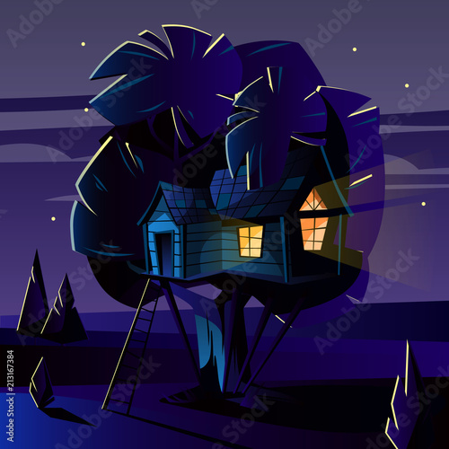 Vector cartoon illustration of tree house at dark night, evening. Cozy building with ladder on wood trunk with lush foliage. Summer children s place, playground. Light from window
