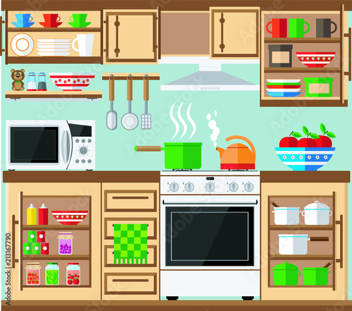 Kitchen with furniture and kitchenware. Vector illustration.