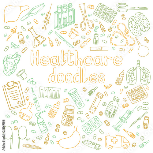 hand drawn medical doodles vector isolated illustration