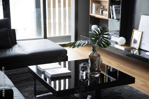 cozy black glass coffee table setting with artificial plants compose with white book