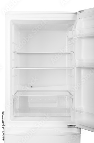 Modern open empty fridge on white background