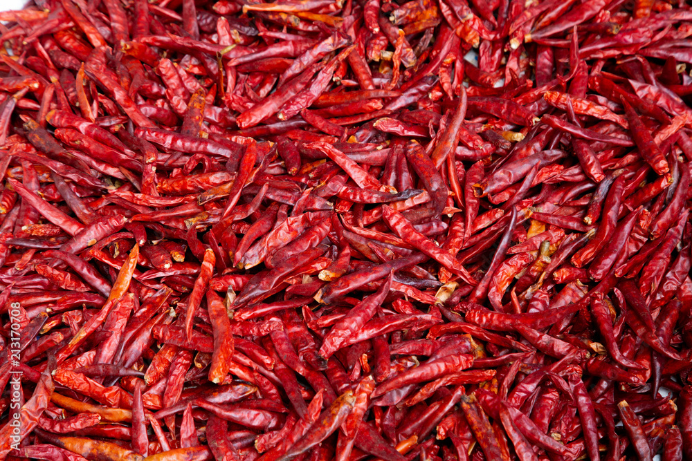 Dried red hot chilli peppers, food ingredient Dried red hot chilli peppers, food ingredient