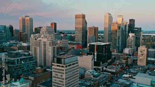 areal drone footage of montreal canada at sunset photo