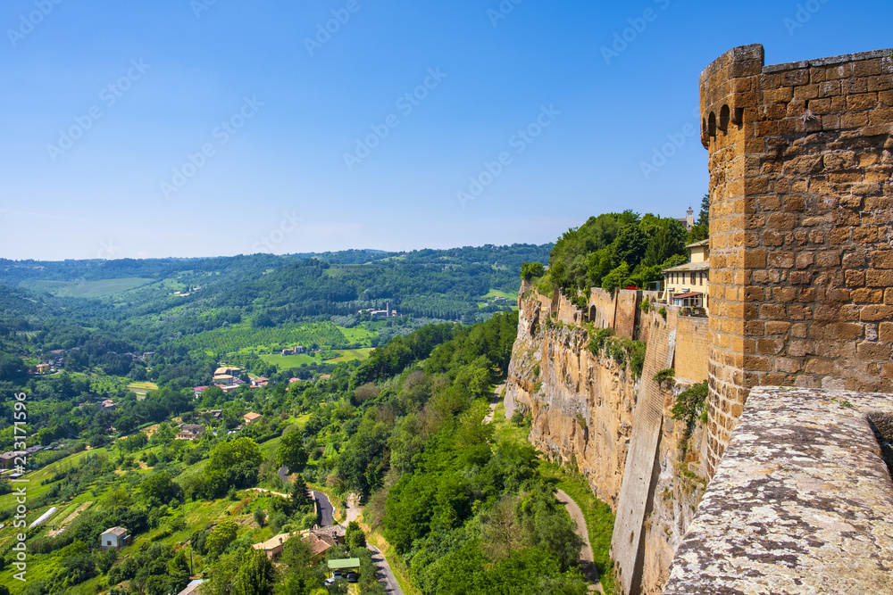 Orvieto, Italy - Panoramic view of old town defense walls and Umbria region seen from historic old town of Orvieto