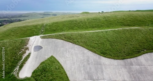 Drone aerial footage of Westbury White Horse in Wiltshire, England. photo