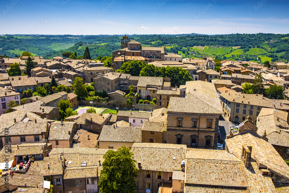 Orvieto, Italy - Panoramic view of Orvieto old town and Umbria region with Piazza Duomo square and Duomo di Orvieto cathedral