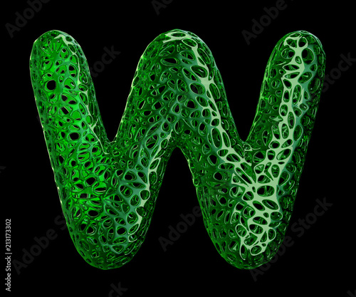 Letter W made of green plastic with abstract holes isolated on black background. 3d