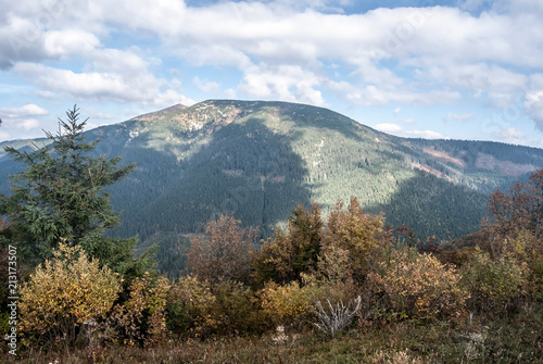 Prasiva and Velka Chochula hill on the background in autumn Nizke Tatry mountains in Slovakia