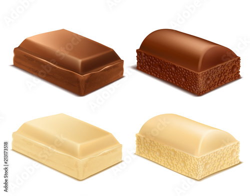 Vector realistic collection of chocolate pieces, brown and white milk bars, isolated on background. Sweet confectionery product, tasty cocoa dessert for eating and cooking. Mockup for package design