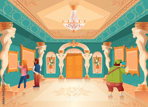 Vector cartoon museum exhibition with pictures and visitors in royal ballroom with atlas columns. Art gallery with sculptures, excursion. Ancient hall interior, exposition background