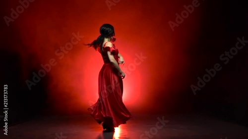 Dancer an incendiary dance of Argentine flamenco . Llight from behind. Smoke background. Slow motion