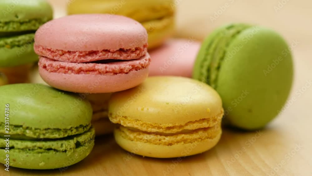 Macro close up of colourful macaron cookies.