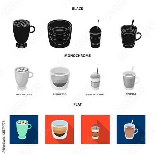 Ristretto, hot chocolate, latte take-away.Different types of coffee set collection icons in black, flat, monochrome style vector symbol stock illustration web.