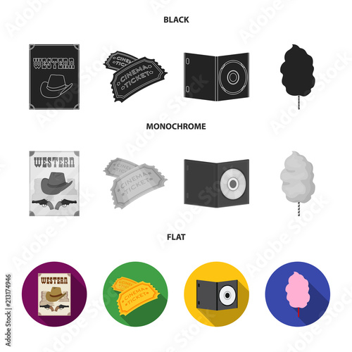 Western cinema, tickets, sweet cotton wool, film on DVD.Filmy and cinema set collection icons in black, flat, monochrome style vector symbol stock illustration web.