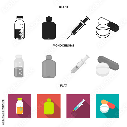 Solution, warmer, syringe, pills.Medicine set collection icons in black, flat, monochrome style vector symbol stock illustration web.