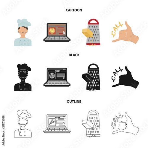 Cook, order by phone, grated cheese, ordering a face gesture.Pizza and pizzeria set collection icons in cartoon,black,outline style vector symbol stock illustration web.
