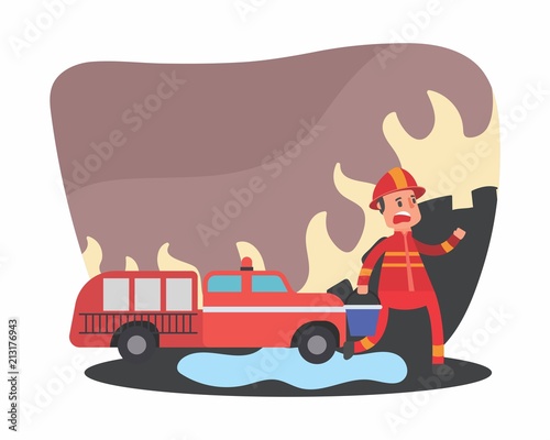 cute funny fireman firefighter fireguard fire brigade fire company extinguisher profession cartoon character © vector_factory