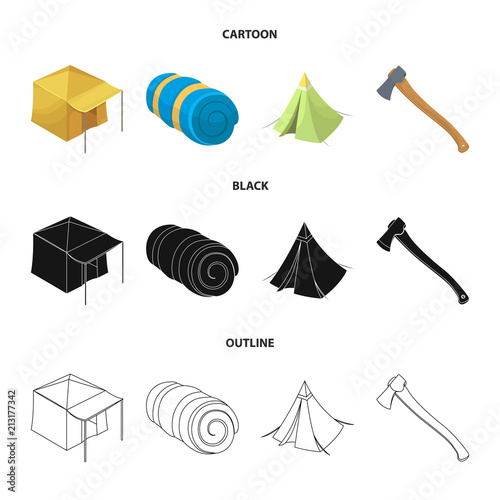 Tent with awning, ax and other accessories.Tent set collection icons in cartoon,black,outline style vector symbol stock illustration web.