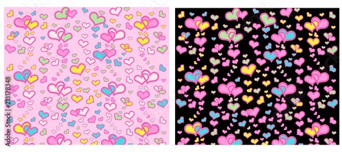 Set of  Heart with pink, green, yellow on pink and black background, Background for banner, Valentine's Day design, Love concept, greeting card, postcard, wedding invitation
