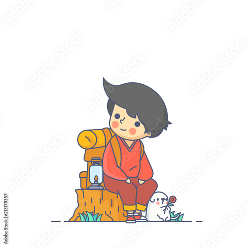 Boy and Dog Character Traveller Backpacker Sit on Tree Stump Vector Illustration