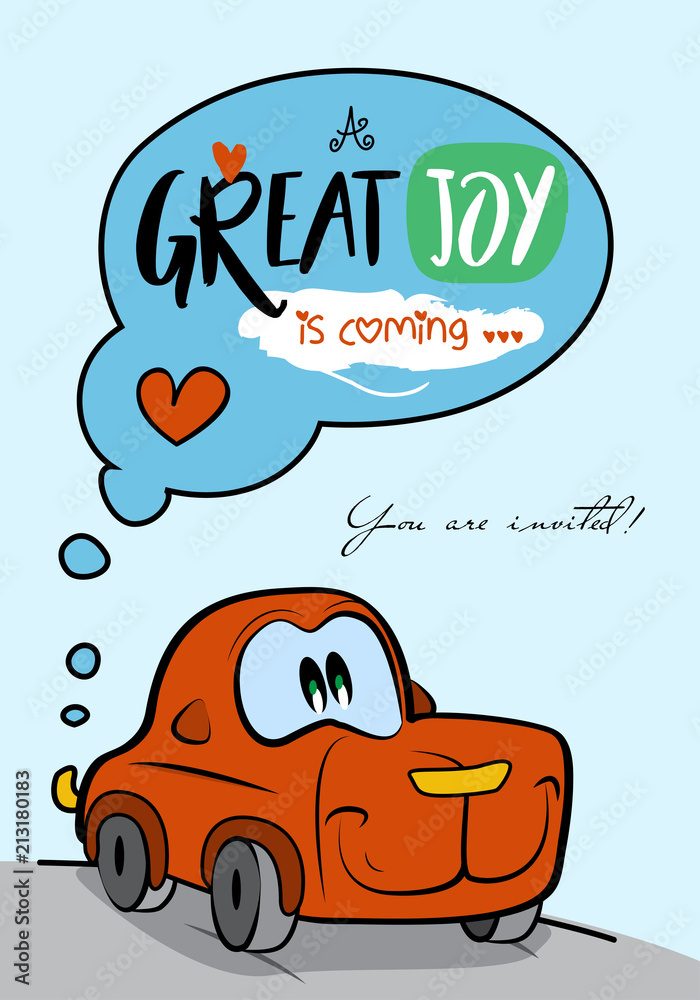 Baby shower invitation card / Red car cartoon character / Great joy is coming card Stock Vector | Adobe Stock Baby shower invitation card / Red car cartoon character / Great joy is coming card Stock Vector | Adobe Stock