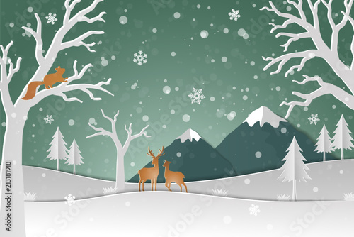 Deer family with winter snow in the forest abstract background,Happy new year and Merry Christmas  on paper art style,vector illustration