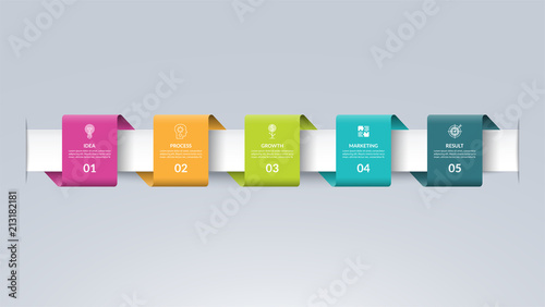 Infographic timeline template in the form of colored paper tapes. Vector banner with 5 options, steps, parts. Can be used for for web, workflow layout, diagram, chart, graph photo