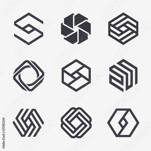 Set of vector logo design template. Black monogram. Hexagon icons