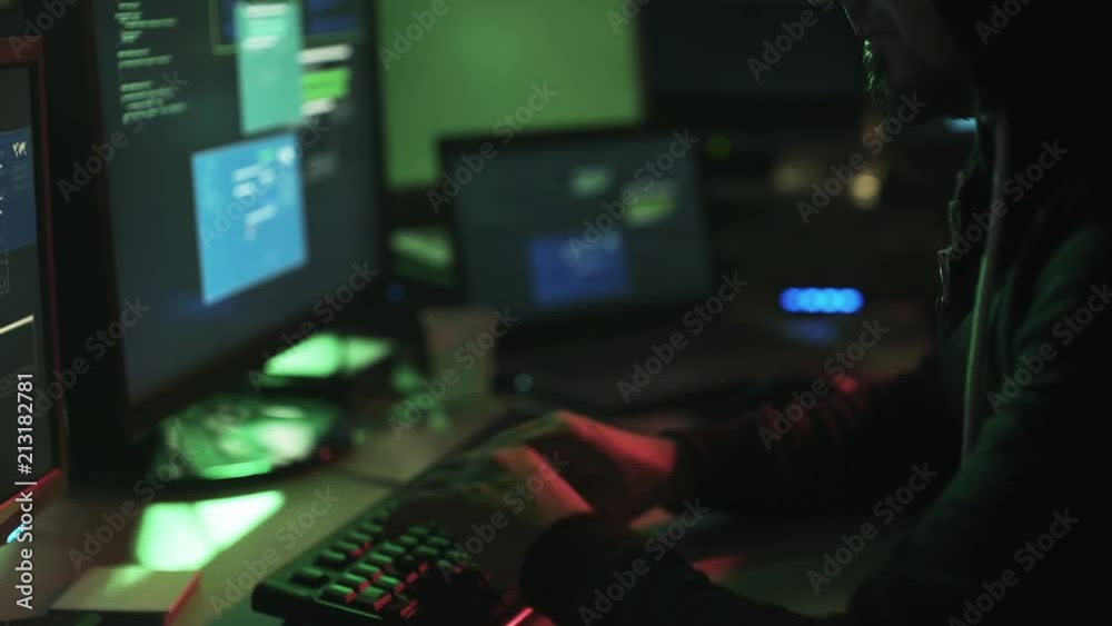 Hacker with hoodie working with multiple screens and hacking systems Hacker with hoodie working with multiple screens and hacking systems