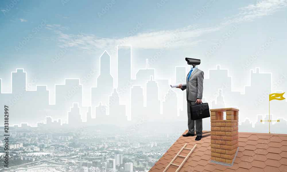 Concept of home security and privacy protection with camera headed man Concept of home security and privacy protection with camera headed man