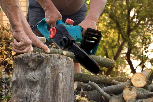 man saws the branches of the trees with an electric saw