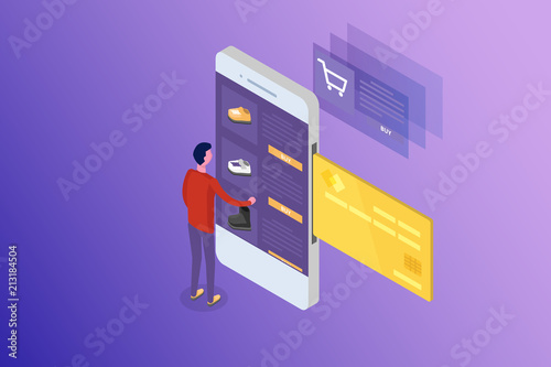 Online banking and Shoping, Mobile payments,  Transfer money isometric concept. Vector illustration.
