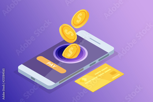 Online banking and Shoping, Mobile payments,  Transfer money isometric concept. Vector illustration.