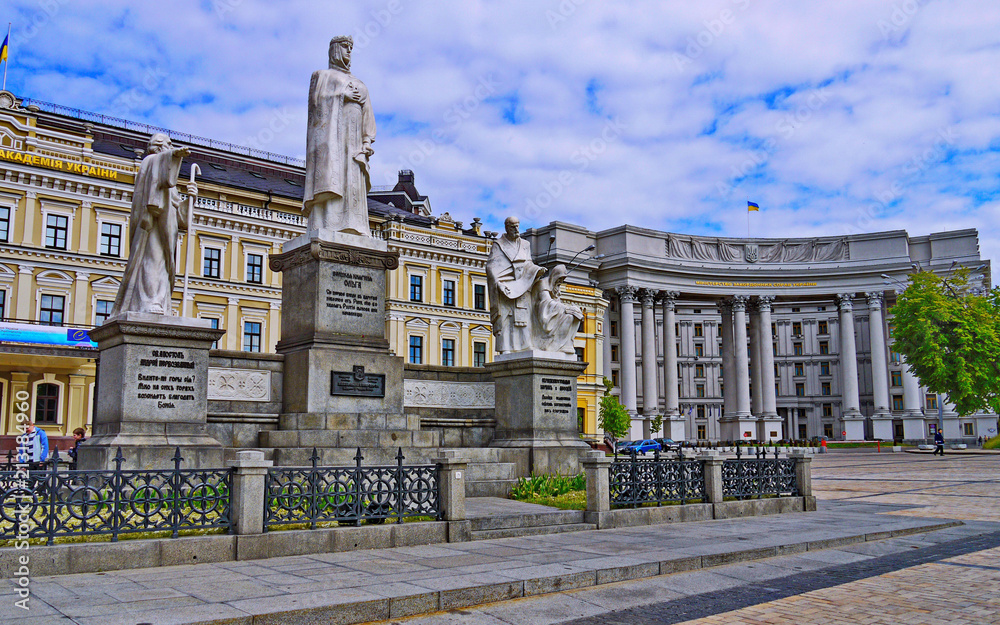 the monument to Princess Olga, the holy Apostle Andrew Pervozvannym and the enlighteners Cyril and Methodius adorn Mikhailovskaya Square. Kiev. Ukraine