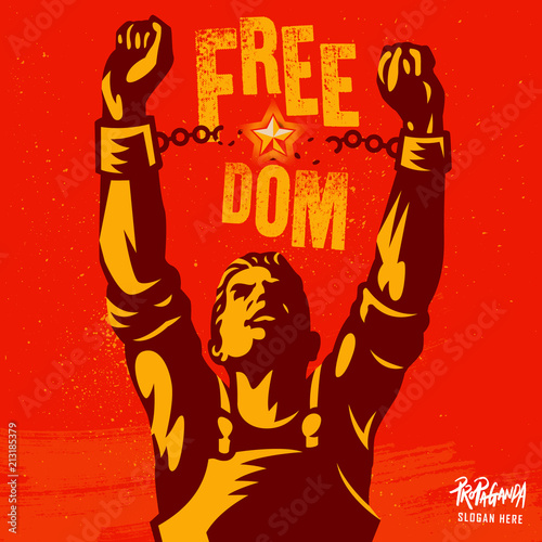 Broken handcuff Freedom concept. Two hands clenched in a fist tearing chains that they shackled the symbol of the revolution of freedom. 