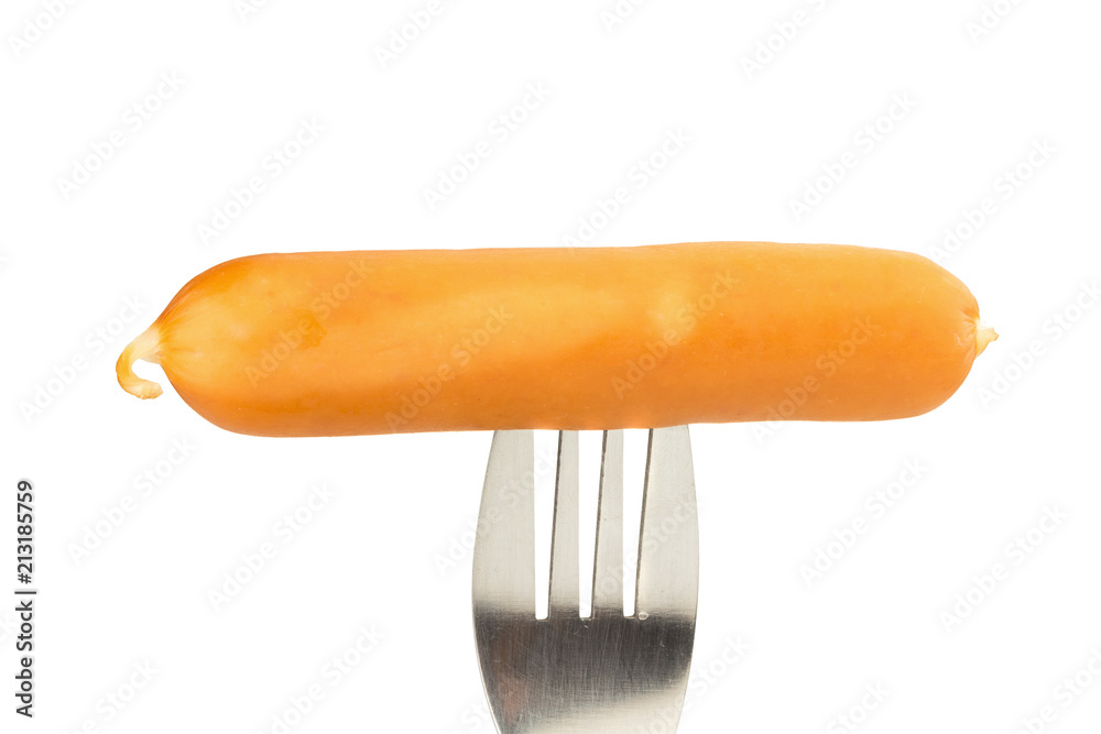 sausage on fork steel isolated on white background sausage on fork steel isolated on white background