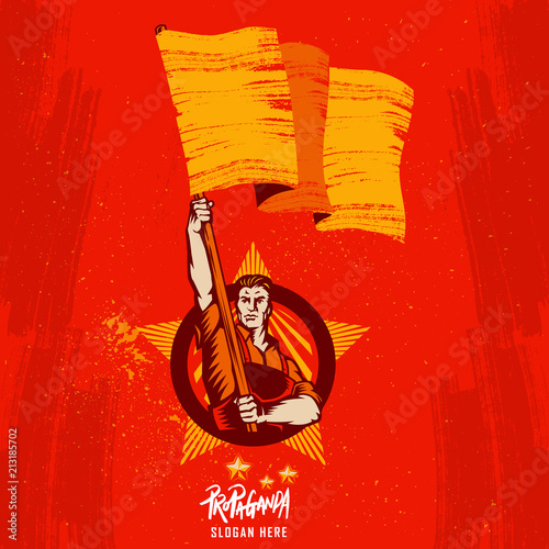 Poster Revolution. Propaganda Background Style. Revolution raising The Flag.	