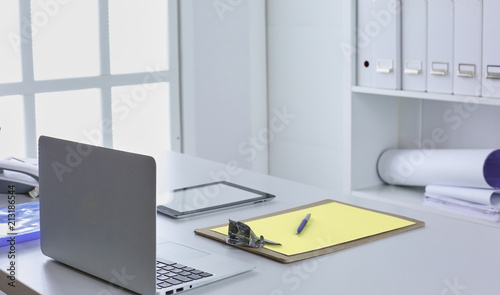 Workspace presentation mockup  Desktop computer and office supplies on marble desk