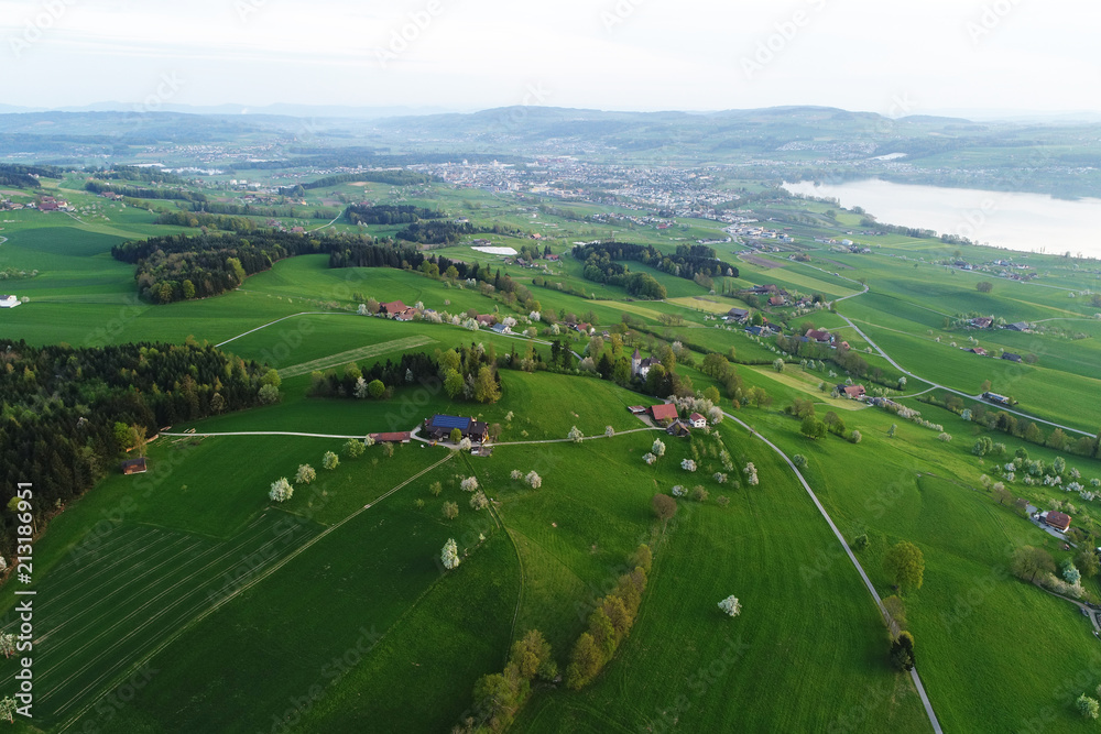 Swiss Midlands with lake Sempach and hilly Landscape in Central Switzerland