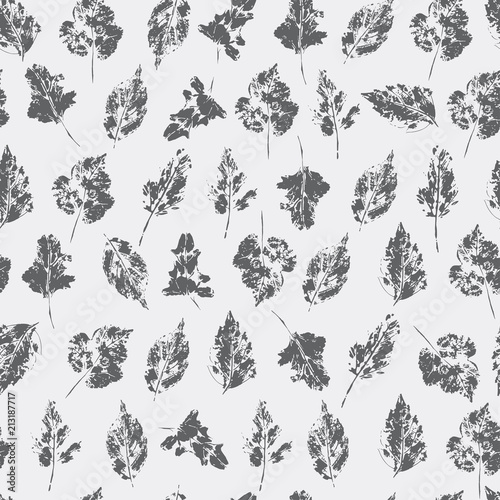 Fototapeta Naklejka Na Ścianę i Meble -  Seamless pattern with stamp leaves. Black and white vector texture 2