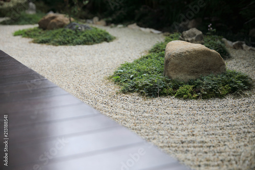 japanese zen stones garden with wood space background