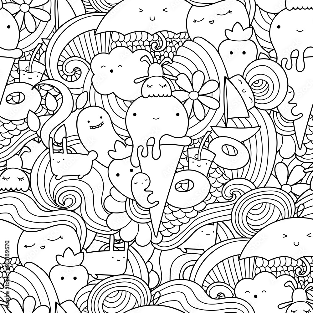 Vector doodle seamless pattern with ice cream, fruits and waves. Summer pattern for coloring book or design print.