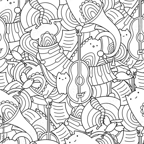Vector doodle seamless pattern with cute cats and musical instruments. Kawaii animals with guitar, trumpet and piano.