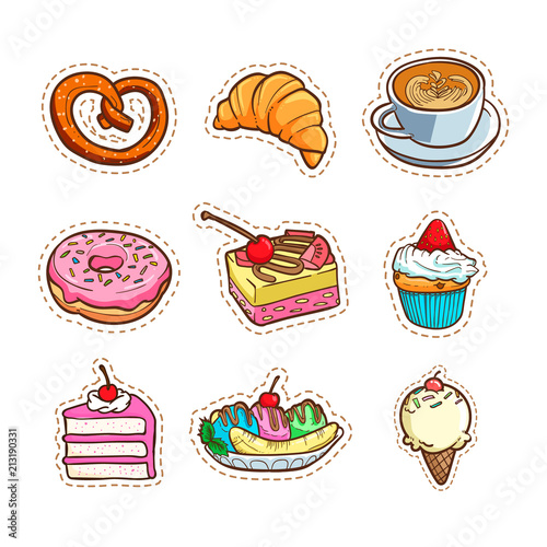 cute sticker coffee, cake, ice cream and bakery vector