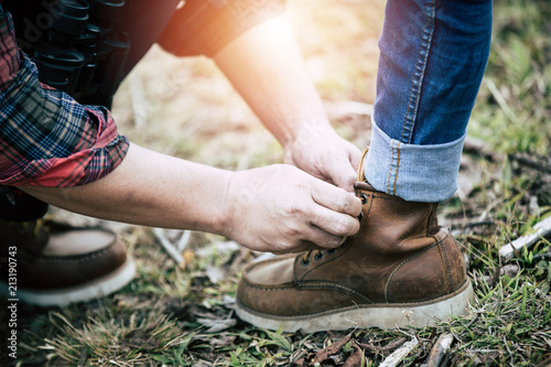 Lovers tie the rope and shoes.