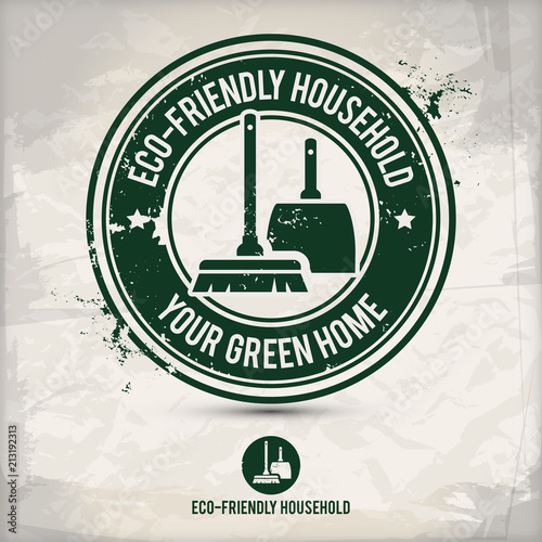alternative eco friendly household stamp containing: two environmentally sound eco motifs in circle frames, grunge ink rubber stamp effect, textured paper background, eps10 vector illustration