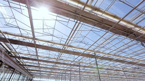 Wallpaper Mural View of upwards through the top of industry greenhouse, watering lines and lighting equipment in a nursery for growing flowers in industrial greenhouse, greenhouse inside Torontodigital.ca