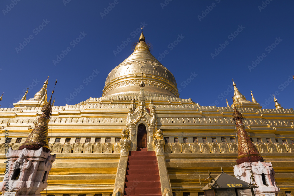 Bagan, Myanmar, December 29, 2017:  The Shwezigon Pagoda or Shwezigon Paya is a Buddhist temple located in Nyaung-U, a town near Bagan, in Myanmar