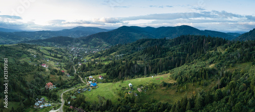 Aerial view to carpathian village Slavske with moutains